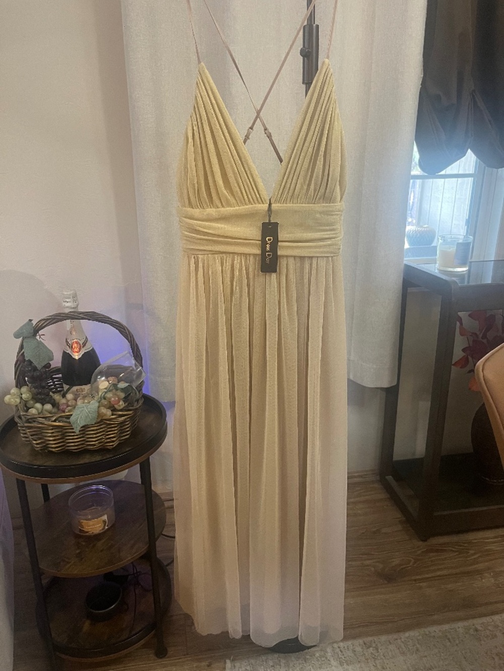 Criss Cross Spaghetti Strap Champagne gown